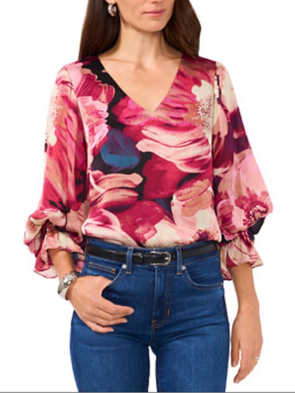 Vince Camuto Floral V-Neck Sweater - Pink Burgundy Multi